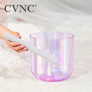 CVNC 7インチの錬金術クリアクォーツクリスタルシンディングボウルパープルフリーマレットとOリングでの音の癒しのための宇宙の光