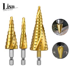 Bit de broca de etapa de titânio HSS 4-12/20 4-32 Ferramentas de potência de perfuração com ranhura espiral ranhura em espiral Bit de broca de cone de madeira de madeira.