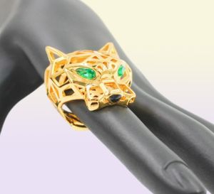 Trendy Hollow Leopard Animal Ring Ring Green Eyes Hollow Pantera Cabeça Rings For Men Mulheres Jóias de Party1140960