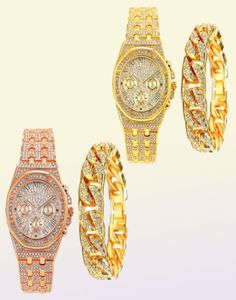 Zegarek na rękę fajną mrożoną bransoletę zegarków dla mężczyzn Kobiety Para luksusowe zegarki złote diament z kubańską biżuterią z łańcucha kropli 7982942