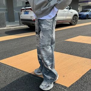 Jeans masculinos syuhgfa 2024 impressão de primavera em estilo coreano calças retas zíper solto bolso casual calça masculina moda