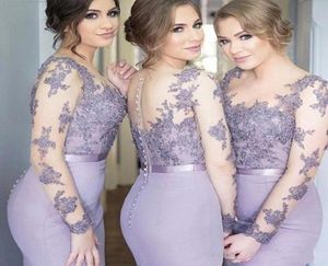 2020 NYA LILAC SMERAID BRIDEMAID Dresses spetsapplikationer långa ärmar ren knapp back svep tåg brudtärna klänningar form4746928