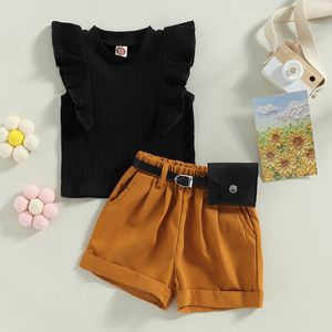 Citgeett Summer Kids Baby Girls Outfit Flying Sleeves Ribbed Tops and Elastic Casual Shorts Belt Clothes Set