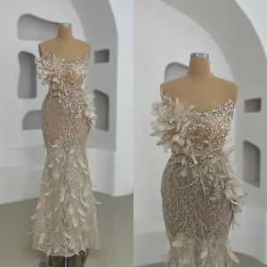 Strapless Pearls Mermaid Prom Dress Sexy Feather Strapless Formal Evening Gowns Sparkling Sequined Lace Party Dresses