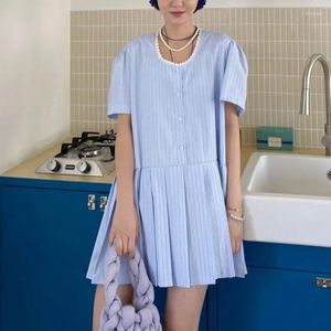 Party Dresses Lace O-Neck Splicing Stripes Single Breasted Women's Mini Dress Loose Pleated Skirt 2024 Summer Korean Chic Sweet Cute Outflit