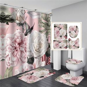 Pink Big Flowers Printed Shower Curtain Set with Rug Anti-slip Carpet Bathtub Toilet Screen Waterproof Bathroom Decor with Hooks