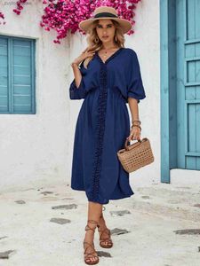 Basic Casual Dresses Spring Summer Blue Loose Short Sleeve Womens Long Dress Fashion Casual Party Vacation Elegant Solid Evening Dresses L49