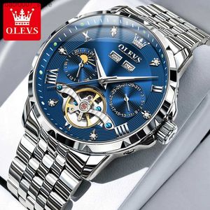 Avanadores de pulso Olevs Mens Business de luxo Original Original Flywheel Mechanical Mechanical Mechanical Calendário Luminescência da Fase Lunar eterna