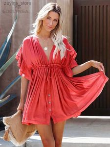 Basic Casual Dresses Red Ruffled Sleeve Solid Sexy V Neck Backless Lace-up Dresses For Women 2023 Summer Beachwear Bandeau Mini Dress D0 L49