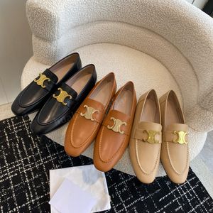 Triomphe gyllene spänne dekoration loafers klädskor förkläde tår slip-on platta skor äkta läder kvinnor lyx kvinnors kontor läder shoessize 35-41with box