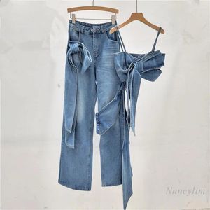 Kvinnors tvådelade byxor Retro slitna tvättade tredimensionella bågdekorativa jeans Loose Cool Vest Camisole Street Style Two-Piece Set