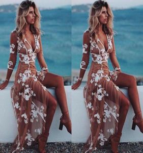 Sexig Boho Evening Dresses V Neck 34 Långa ärmar Floral Applices Tulle White Tan Beach Women039s Dress Floor Längd Illusion 6925948