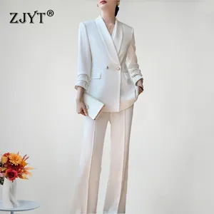 Kvinnors tvådelade byxor Zjyt Office Lady Blazer Suits Pant Sets 2 kvinnor långärmad jacka och byxor sätter vit outfit vårens höstarbete