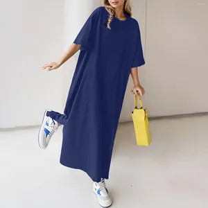 Casual Dresses Loose Solid Color Short Sleeve T Shirt Dress Women Summer Plus-size Beach Style Straight Long Vestido
