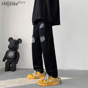 Herren Jeans Jeans Männer High Street Patchwork Denim Ulzzang Weitbein Hosen Jeansy All-Match Black Fashion Teenager Hip Hop Youth Casual Daily L49