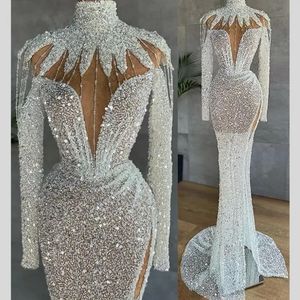 African Sequins Mermaid Formal Evening Dresses 2024 Long Sleeves High Neck Split Sparkly Beads Prom Pageant Gowns Robe De Soiree 240401