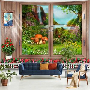 森の窓タペストリータペストリーホームシミュレーション装飾マッシュルームタペストリーランドスケープウォールハンギーフラワーウォールペインティングアートベッドルームホームR0411