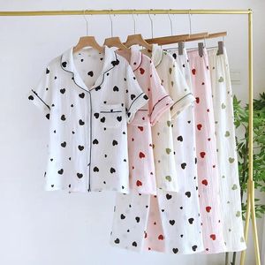 Home Clothing 2024 Summer Women Pajamas Cotton Gauze Short Sleeved Long Pants Sleepwear Autumn Female 2 Piece Set Heart Print Nightwear