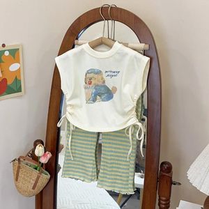 Clothing Sets Kids Girls Summer Cartoon Dog Pattern Sleeveles Shiring Tank Tops Green Striped Sun-proof Pants 2pcs Children Suit