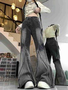 Women's Jeans Y2K Womens Street Loose Hip Hop High Waist Flannel Pants Fe Gradient Wash Fashion Design Womens Pants C240411