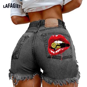 Ladies Denim Shorts Women High Street Net Red Lippen gedruckt Jean Kausalzähte Bite -Kugel Muster Sommer Quasten 240411