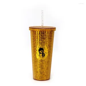 Mugs Pineapple Corn Plastic Durian Cup Coffee Checkered Gradient Diamond Cut Rivet Double Layer Straw