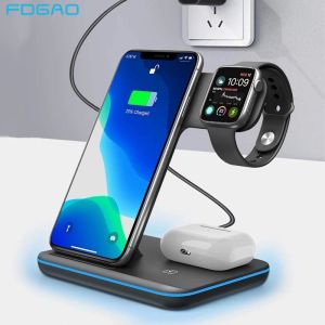 Laddare Trådlös laddstation 3 i 1 15W Fast Charger Stand Dock för Apple Watch 8 7 6 5 4 AirPods Pro iPhone 15 14 13 12 11 XS XR 8