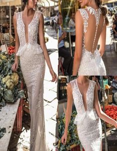 Newest Berta Wedding Dresses Deep V Neck Sleeveless Unique Designer Lace Applique Sexy Boho Wedding Dress Sweep Train Cheap Bridal4159304