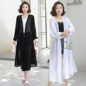 新しいソリッドカラースプライシングジャケット夏の日焼け止め服薄いウインドブレーカーミッドレングス外側長袖ショールカーディガントップA432