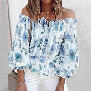 Women's Blouses Shirts Fashion Floral Lace Up Blouse Sexy Off Shoulder O-Neck Tops Tee Casual Summer Ladies Female Women Long Sleeve Blusas Pullover 240411