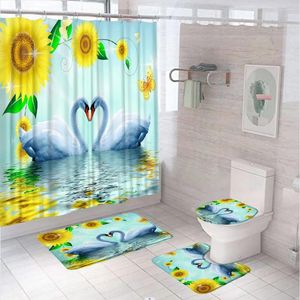 Dusch gardiner vita svanar par hjärtgardin set icke-halk matta toalett täcker badmatta kärlek djur solros fjäril badrum