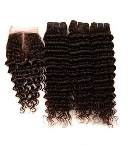 Pacotes de tecedão de cabelo humano marrom escuro peruano com tramas de ondas profundas de fechamento com fechamento 4 fechamento de rendas marrons de chocolate 4x4 com we5749549