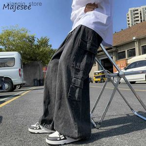 Men's Jeans Cargo Jeans Men Drawstring Baggy Teens Japanese Retro Denim Trousers Hip Hop Design Big Pockets Handsome dents Unisex Casual L49