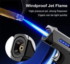 Уникальный более легкий ветрозащитный газопродажный газоподъемник USB USB Rechargable Lighters подарок для мужчин складывает пистолет Butane Turbo Jet Flame Cigar 84732051