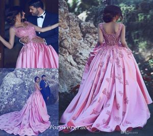 Pink Colour Prom Dress Modest Said Mhamad Long Sleeveless Backless Applique Formal Wear Party Gown Custom Made Plus Size3136232