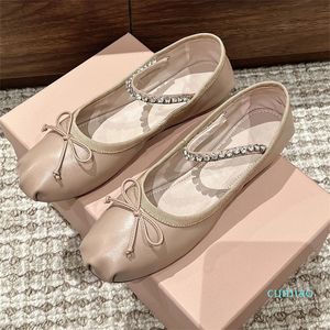 Women Shoes Designer Casual Genuine Leather Ballet Flats Crystal Butterfly-knot Mary Janes Lovely Round Toe Party Dress Zapatillas Mujer
