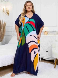 Podstawowe sukienki swobodne bohemijska czarna roślina drukowana sukienka Kaftan 2024 Summer Clothing Kobiety Sundress Beach Wear Maxi Sukienki Q1476 L49