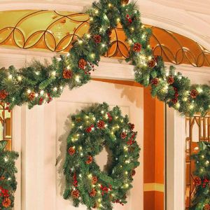 Decorative Flowers 2.7m Christmas Garland Green Decoration Mantle Wreath Xmas Holiday Indoor Door Home Fireplace Rattan