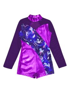 Kids Girls Ballroom Dance Costumes Jumpsuit Gymnastic Leotards Dancewear Long Sleeve Shiny Metallic Figure Ice Skating Bodysuits