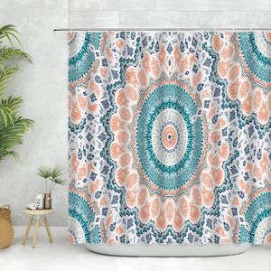 Duschgardiner Bohemian Mandala Curtain Set Blue Pink Watercolor Teal Abstract Exotic Polyester Fabric Hooks Badrumsskärm