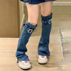Harajuku Vintage Denim Leg Warmers Women Gothic Rhinestones Buckle Bandage Knee High Long Socks Foot Covers Dropshipping