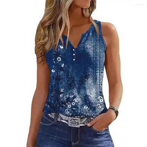 Women's Blouses Printed V-neck Tank Top Floral Print For Women Loose Fit Camisole With Button Neckline Streetwear Vest Blouse