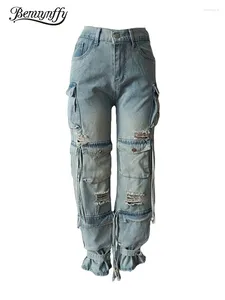 Jeans femininos Benuynffy rasgou cargo mulheres vintage vários bolsos Y2K Roupas de streetwear casual calças de jeans folgadas 2024