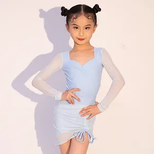 Stage Wear 2024 Kids Latin Dance Dress For Girls Long Sleeves Mesh Practice Clothing Cha Rumba Competition Black DNV19363