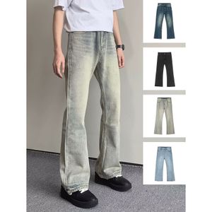 American street washed and versatile micro flared jeans casual distressed zippered pants vibe trendy 240411