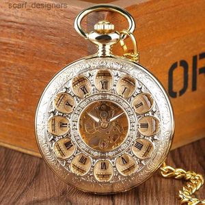 Pocket Watches Luxury Gold Mechanical Pocket Hollow Skeleton Handlindande rostfritt stål hängande kedja smycken klocka för män kvinnor y240410