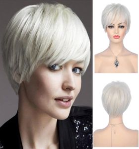 Perucas loiras curtas para mulheres Pixie Cut em camadas peruca com franja Synthetic resistente ao calor Halloween Cosplay Hair Wig6164518