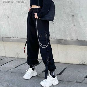 Calças femininas Capris Cool Women Cargo Pants Insancas de Harém Moda Bolsos Punks Tremes de Jogador Com Cadeia Harajuku Elastics High Caist Streetwear C240411