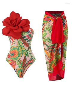 Frauen Badebekleidung Strand Blumendetail Tropical Print Chiffon One Piece Badeanzug mit Deckung 2024 Neueste Urlaub drahtlosen BH