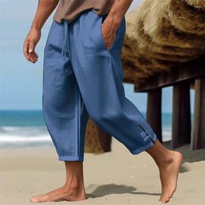 Calça masculina linho de algodão Baggy Summer Solte Loja Comprimento Casual Flit Slit Perguas Praia Praia Correr as calças cortadas